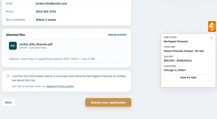 Apturra Chrome extension on a job application page with save-for-later options